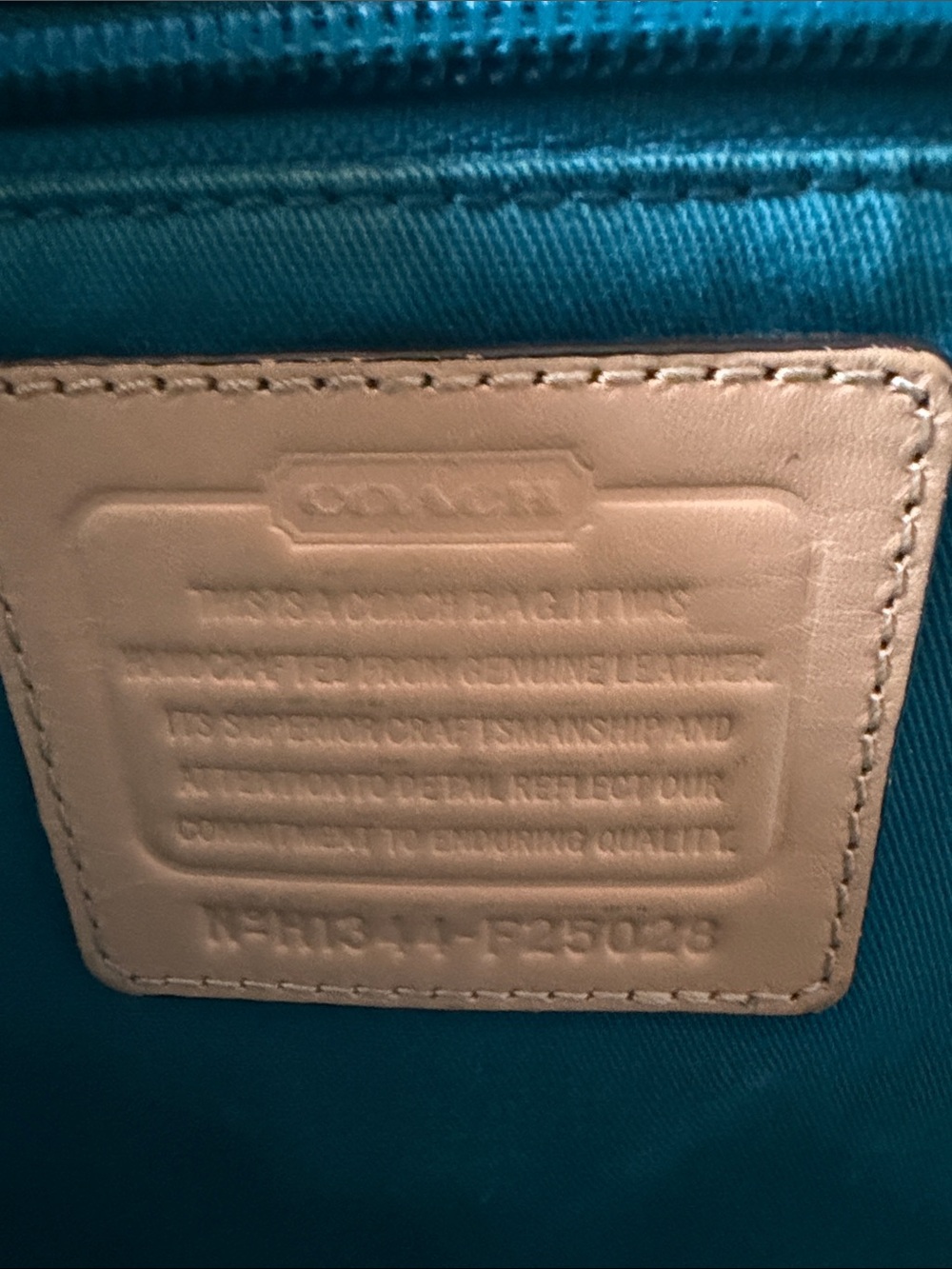 Coach Teal Leather Tote with beige Trim - Picture 4 of 4